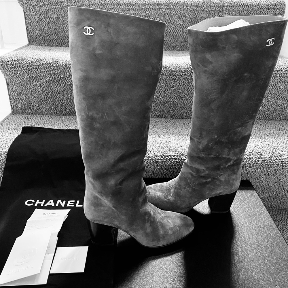Chanel High Boots Suede Calfskin Gray IT 37